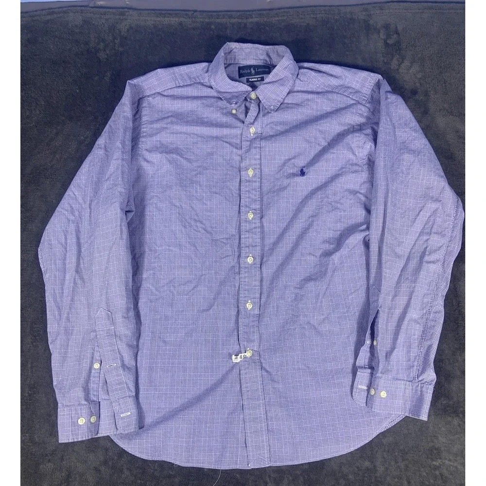 Vtg Polo Ralph Lauren Shirt Mens 17 XL Button Down Plaid Cotton Blue Pony Office
